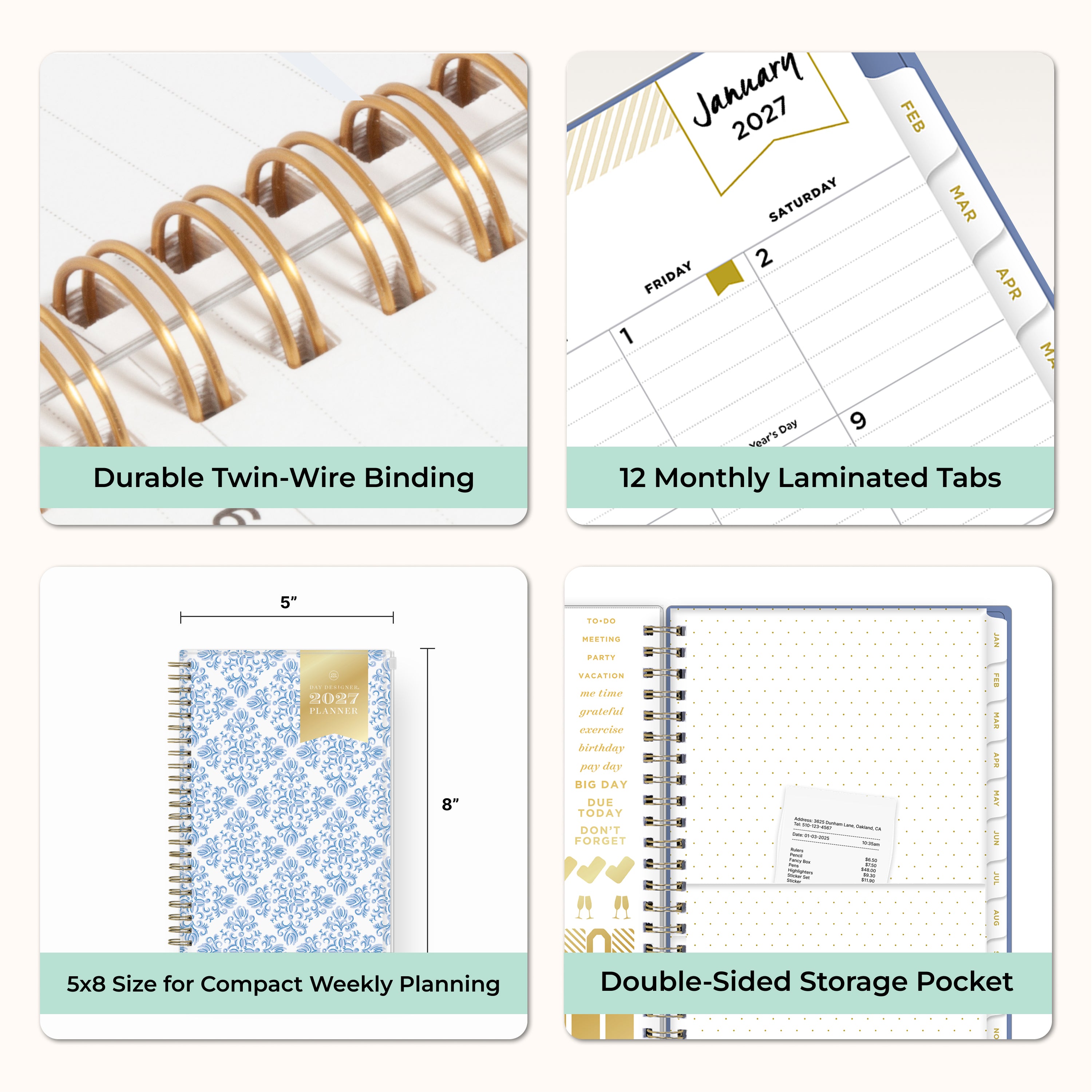 planner features twin wire o binding, monthly tabs, and optimizing planning size