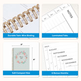 planner features twin wire o binding, monthly tabs, and optimizing planning size