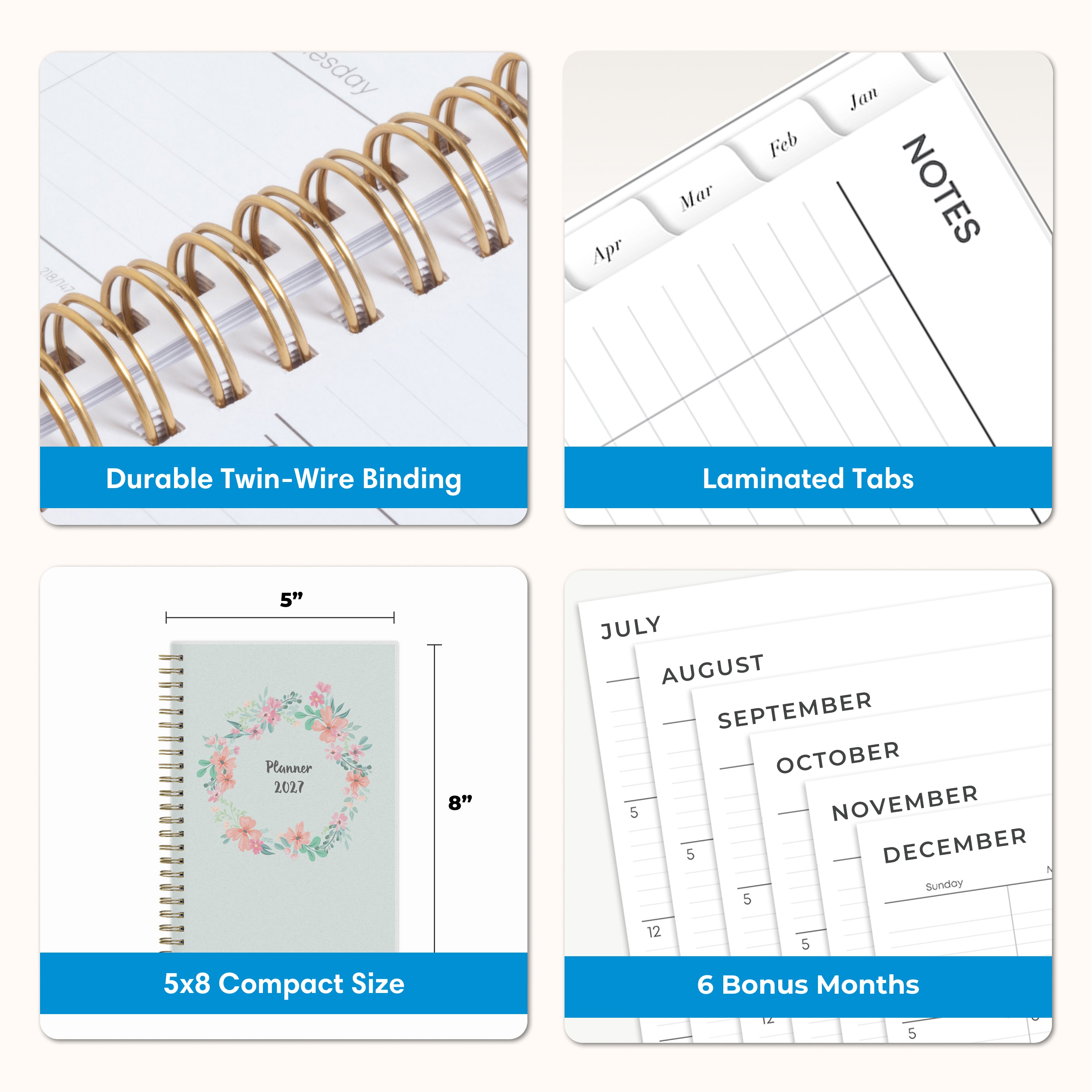 planner features twin wire o binding, monthly tabs, and optimizing planning size