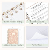 Collage of a planner with features highlighted, including durable twin-wire binding, special resources tab, 5x8 size, and premium paper.