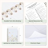 planner features twin wire o binding, monthly tabs, and optimizing planning size