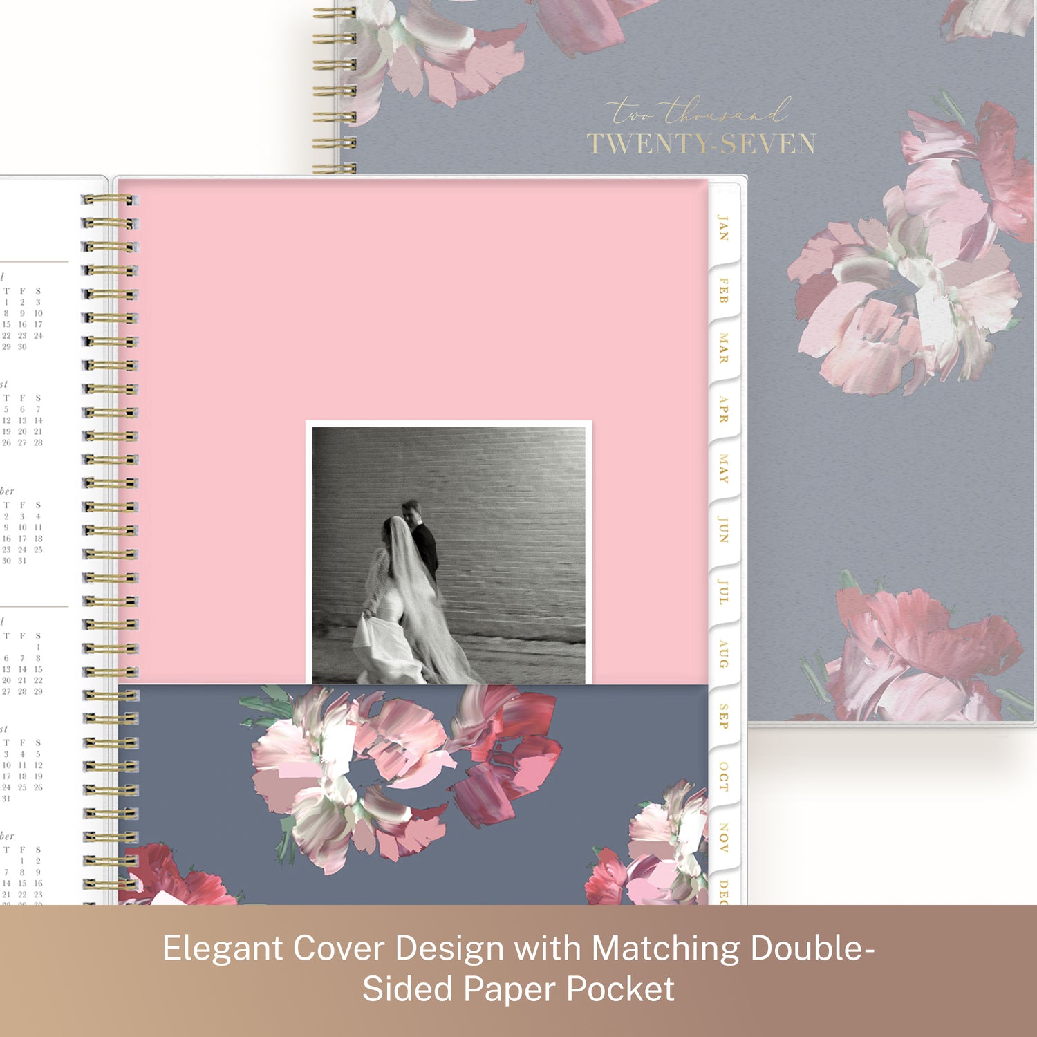 planner features a storage pocket with monthly tabs