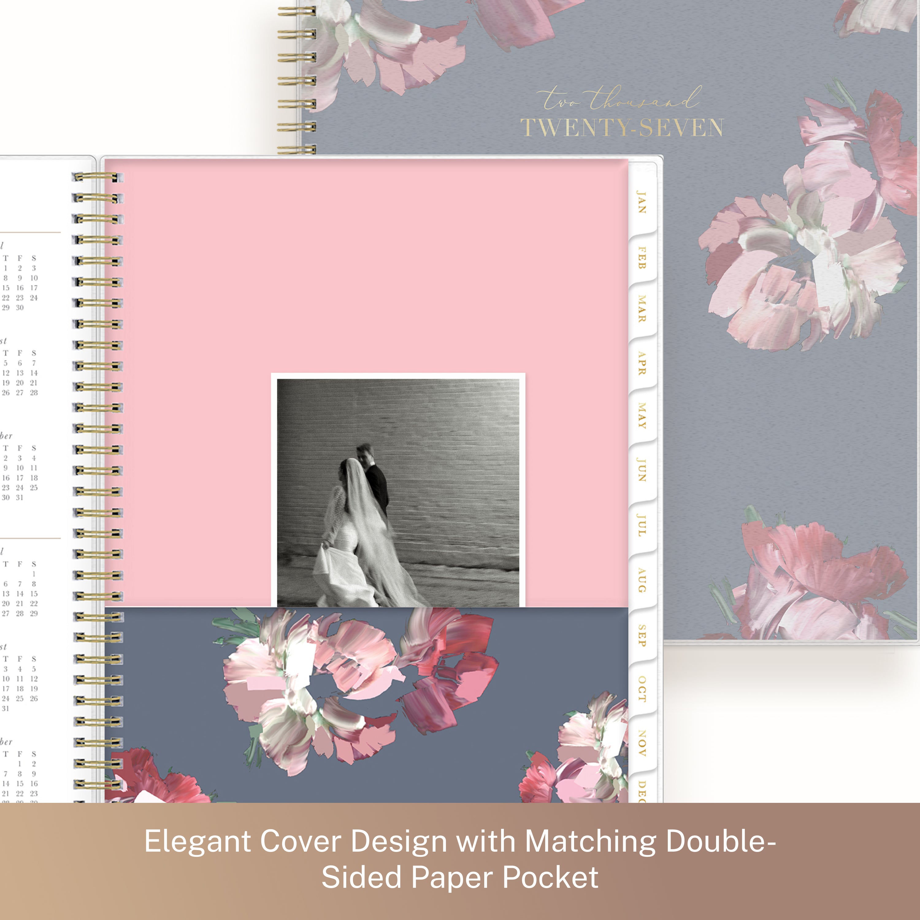 planner features a storage pocket with monthly tabs