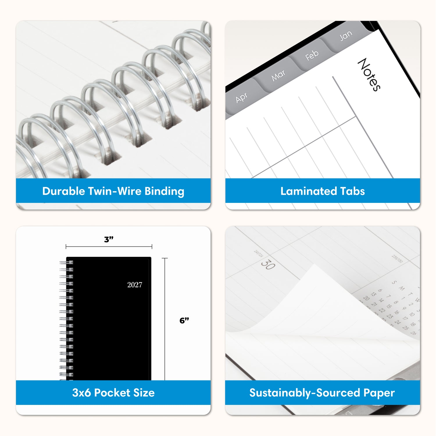 pocket sized planner with 3.625x6.125 page size and front solid black cover with featuring like yearly overview, goals, contacts page, important dates and holidays