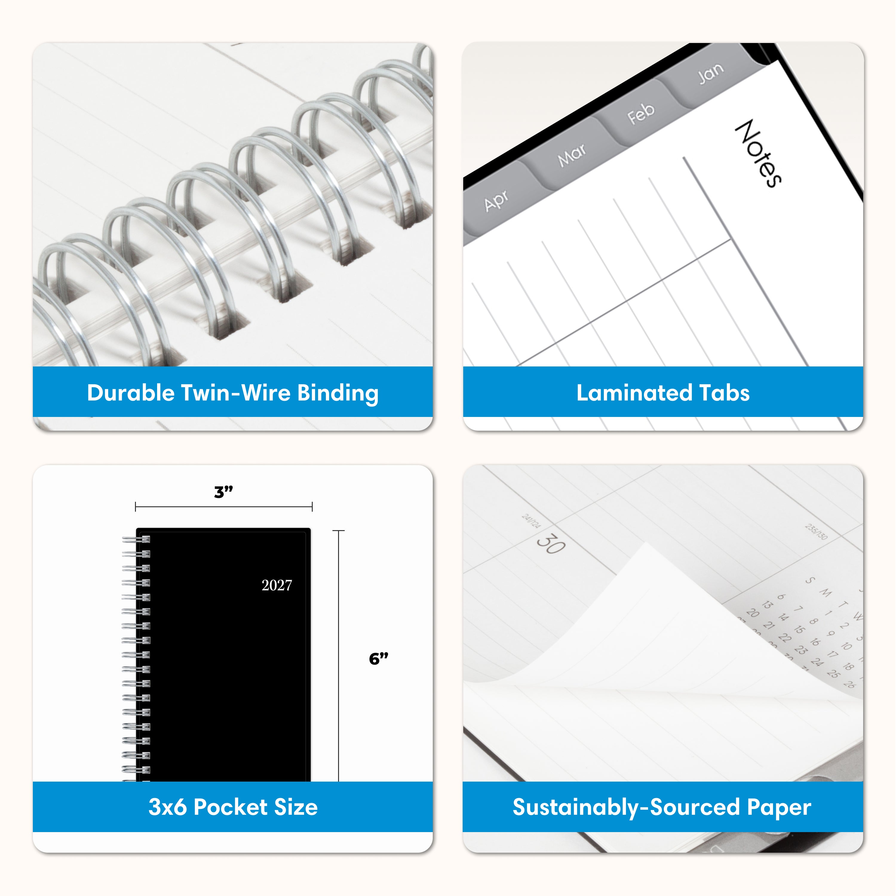 pocket sized planner with 3.625x6.125 page size and front solid black cover with featuring like yearly overview, goals, contacts page, important dates and holidays