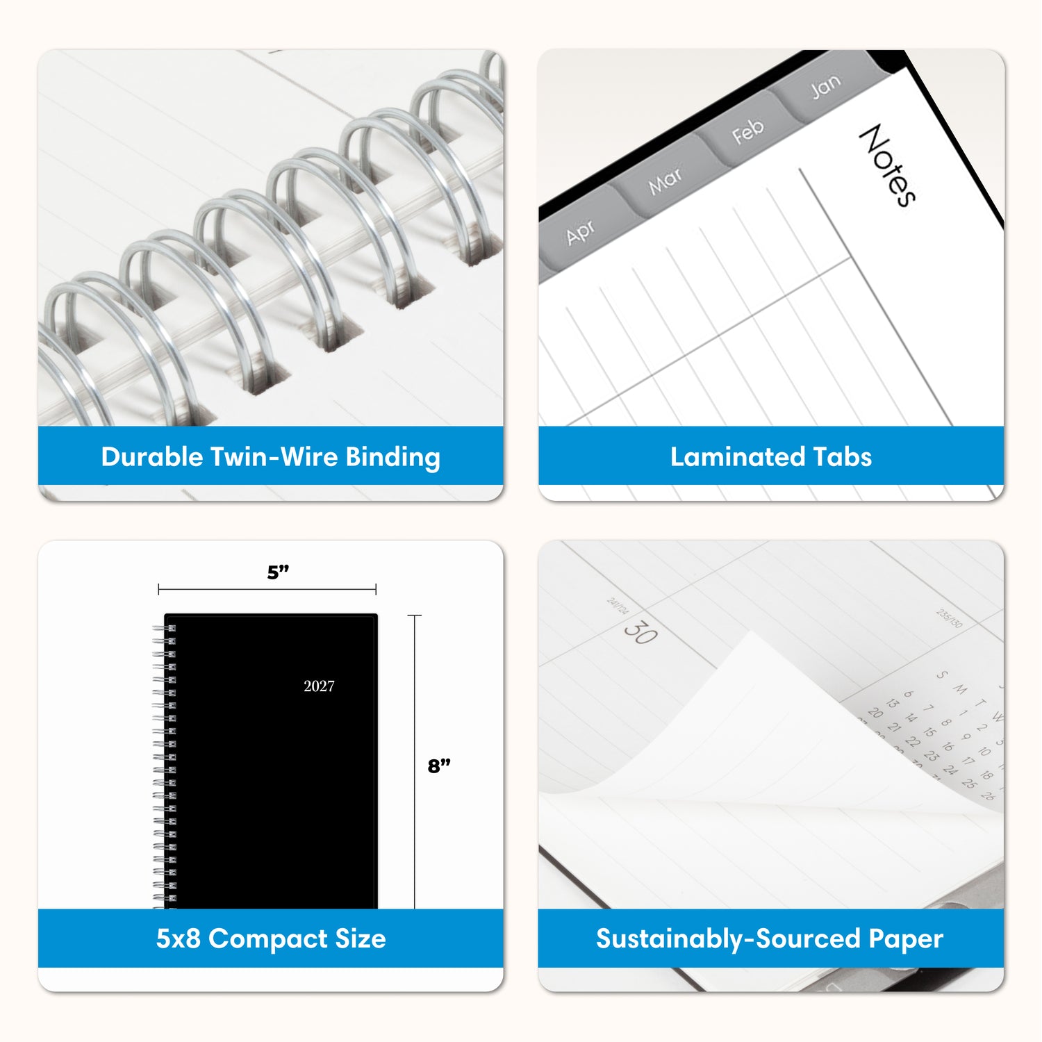 product features dual twin wire binding, laminated tabs, 5x8 size, and quality paper