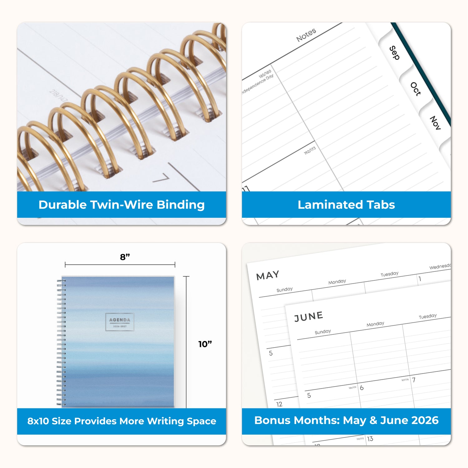 Collage of a planner with features highlighted, including durable twin-wire binding, special resources tab, and premium paper, laminated monthly tabs
