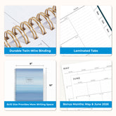 Collage of a planner with features highlighted, including durable twin-wire binding, special resources tab, and premium paper, laminated monthly tabs
