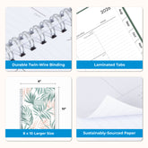 Product features of a planner with text highlighting durable binding, laminated tabs, size, and paper quality.