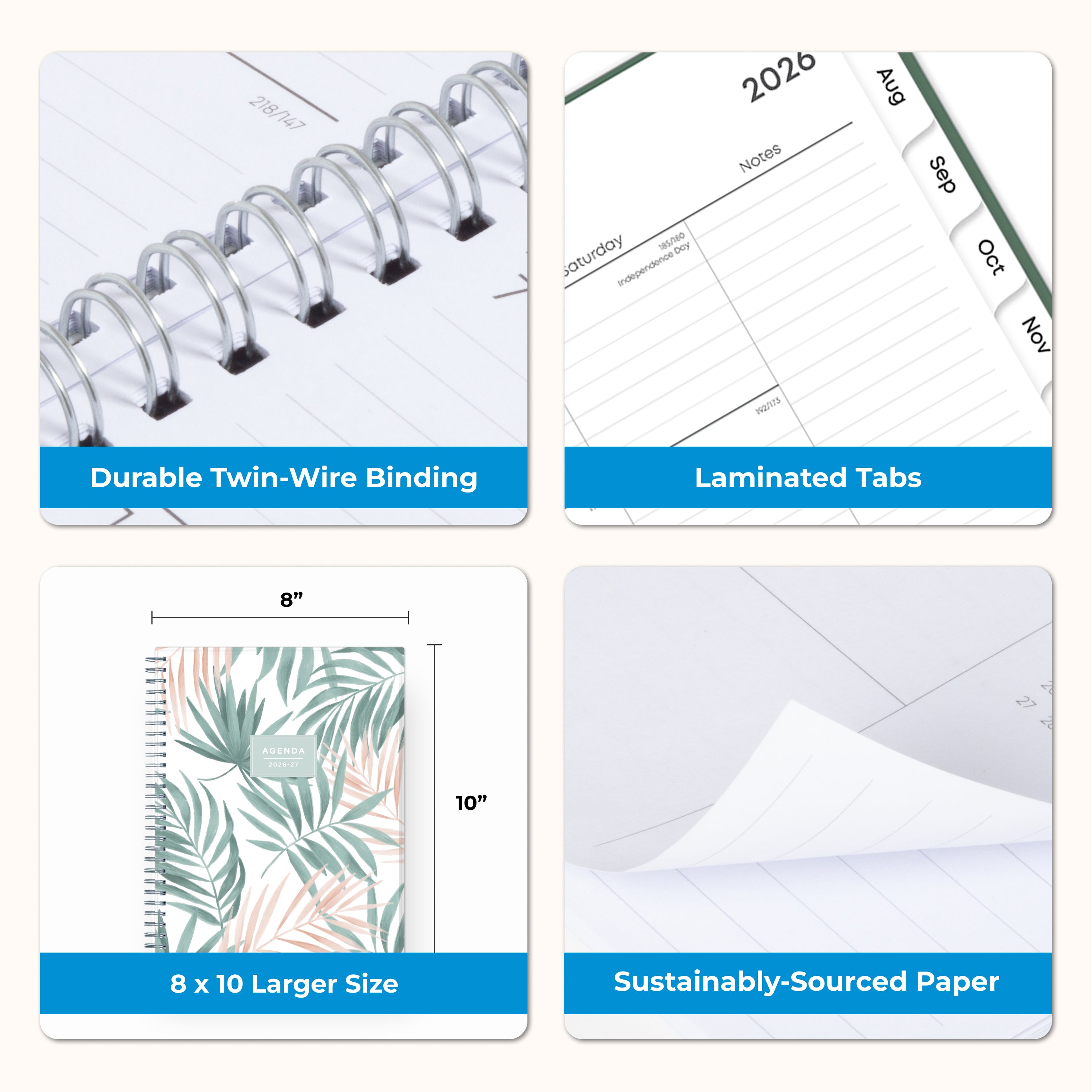 Product features of a planner with text highlighting durable binding, laminated tabs, size, and paper quality.