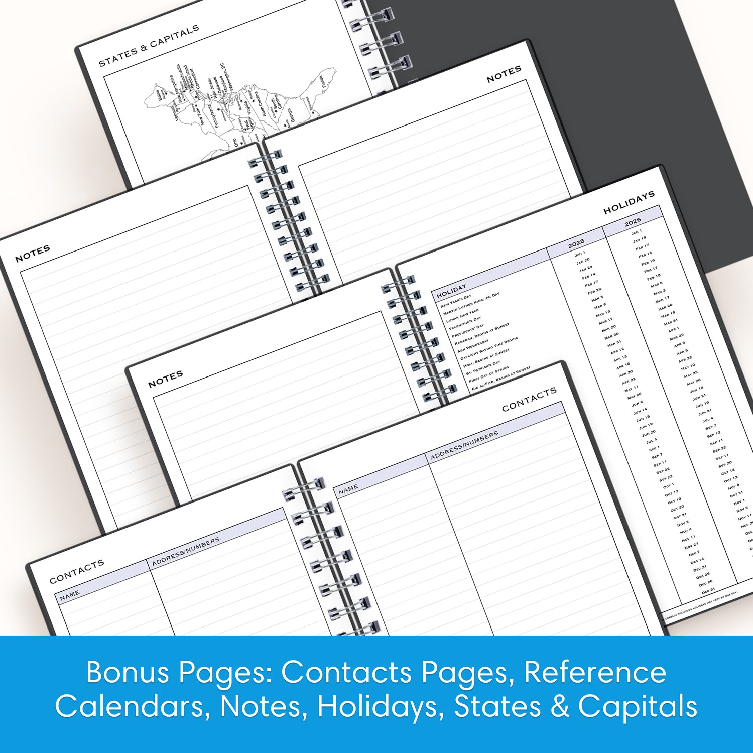 Spiral-bound planner with various pages including contacts, reference calendars, notes, holidays, and states &amp; capitals.