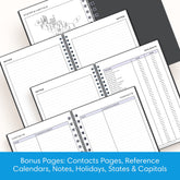 Spiral-bound planner with various pages including contacts, reference calendars, notes, holidays, and states & capitals.