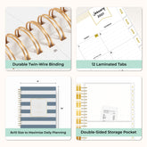 planner features twin wire o binding, monthly tabs, and optimizing planning size, storage pocket