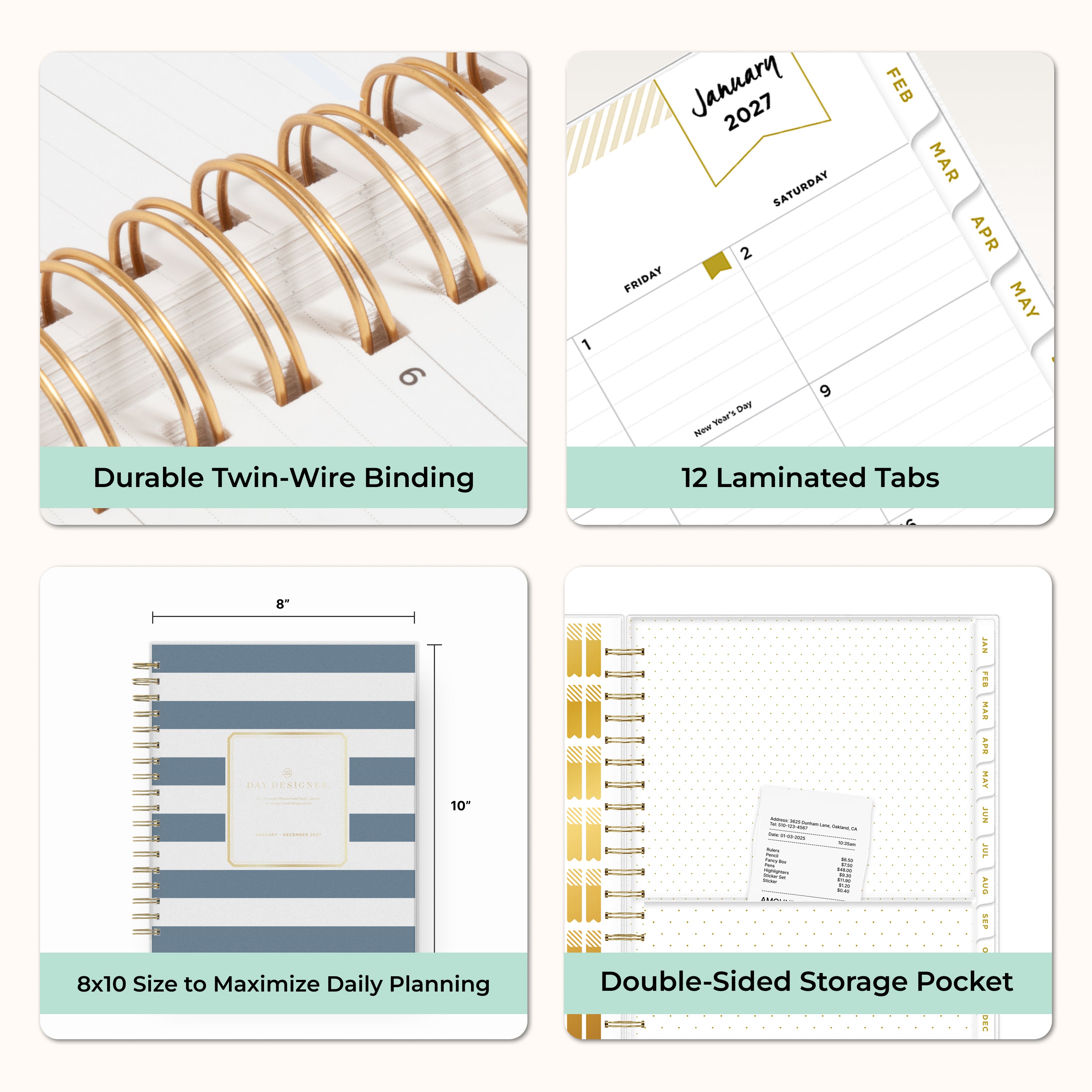 planner features twin wire o binding, monthly tabs, and optimizing planning size, storage pocket