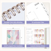 Collage of a planner with features highlighted, including durable twin-wire binding, special resources tab, and premium paper, laminated monthly tabs
