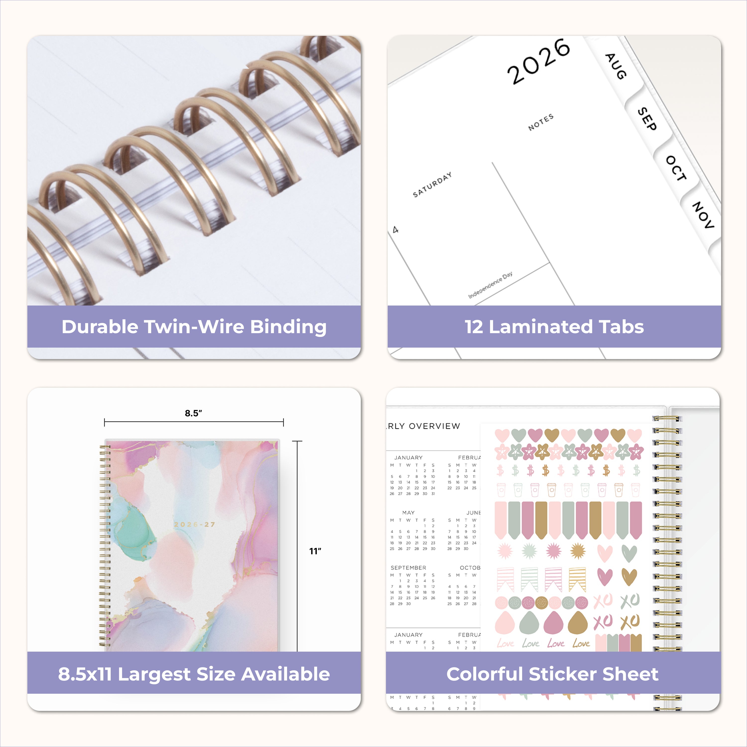 Collage of a planner with features highlighted, including durable twin-wire binding, special resources tab, and premium paper, laminated monthly tabs
