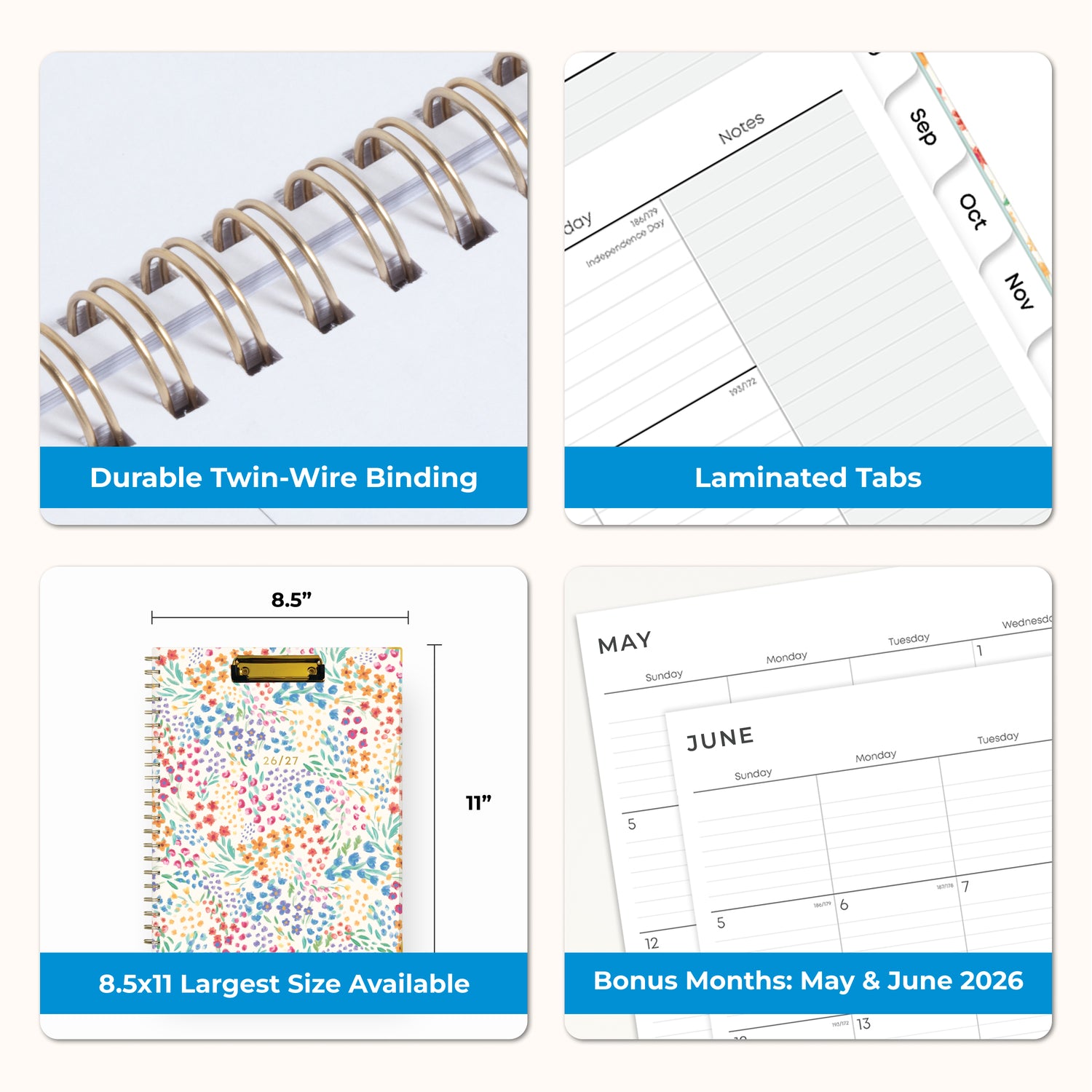 Collage of a planner with features highlighted, including durable twin-wire binding, special resources tab, and premium paper, laminated monthly tabs
