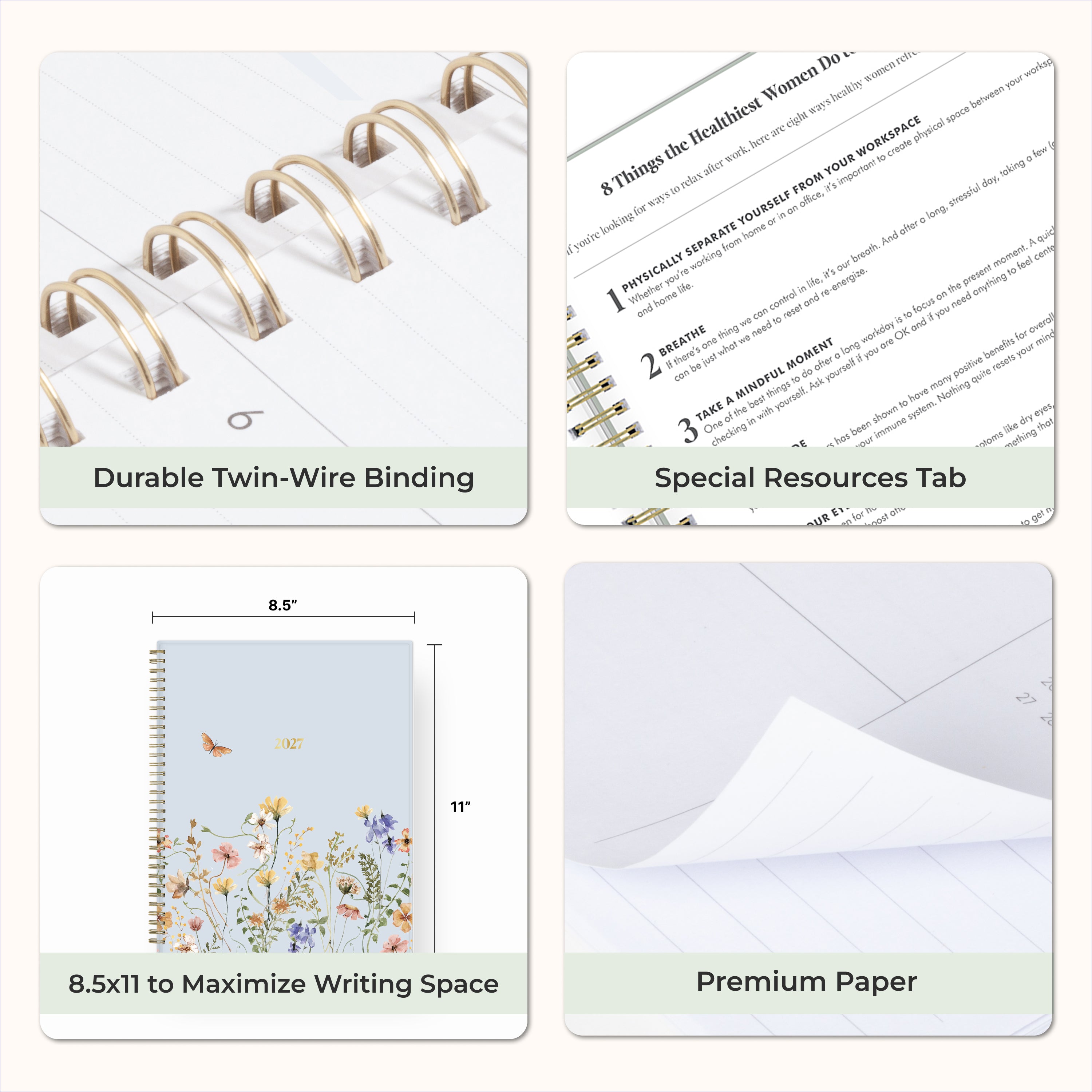 planner features twin wire o binding, monthly tabs, and optimizing planning size