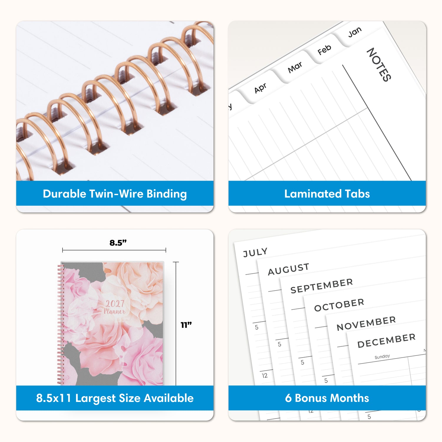 planner features twin wire o binding, monthly tabs, and optimizing planning size