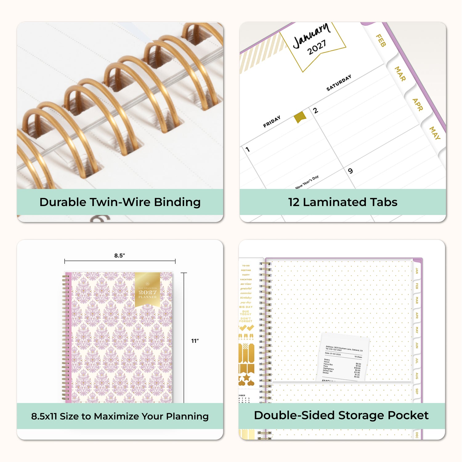 planner features twin wire o binding, monthly tabs, and optimizing planning size