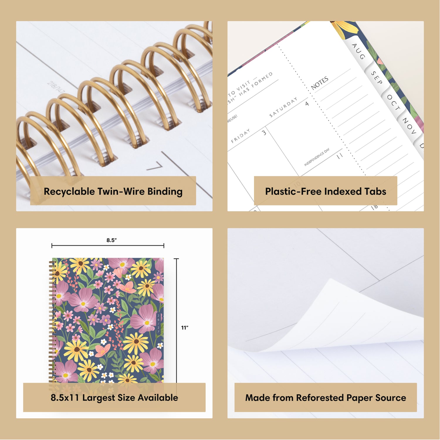 Collage of a planner with features highlighted, including durable twin-wire binding, special resources tab, and premium paper, laminated monthly tabs
