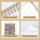 Collage of a planner with features highlighted, including durable twin-wire binding, special resources tab, and premium paper, laminated monthly tabs
