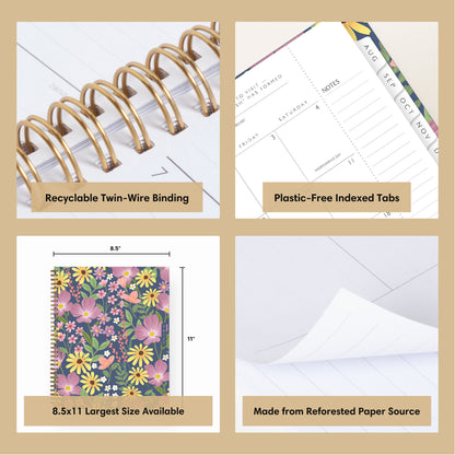 Collage of a planner with features highlighted, including durable twin-wire binding, special resources tab, and premium paper, laminated monthly tabs
