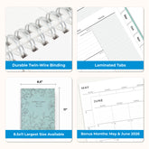 Collage of a planner with features highlighted, including durable twin-wire binding, special resources tab, and premium paper, laminated monthly tabs
