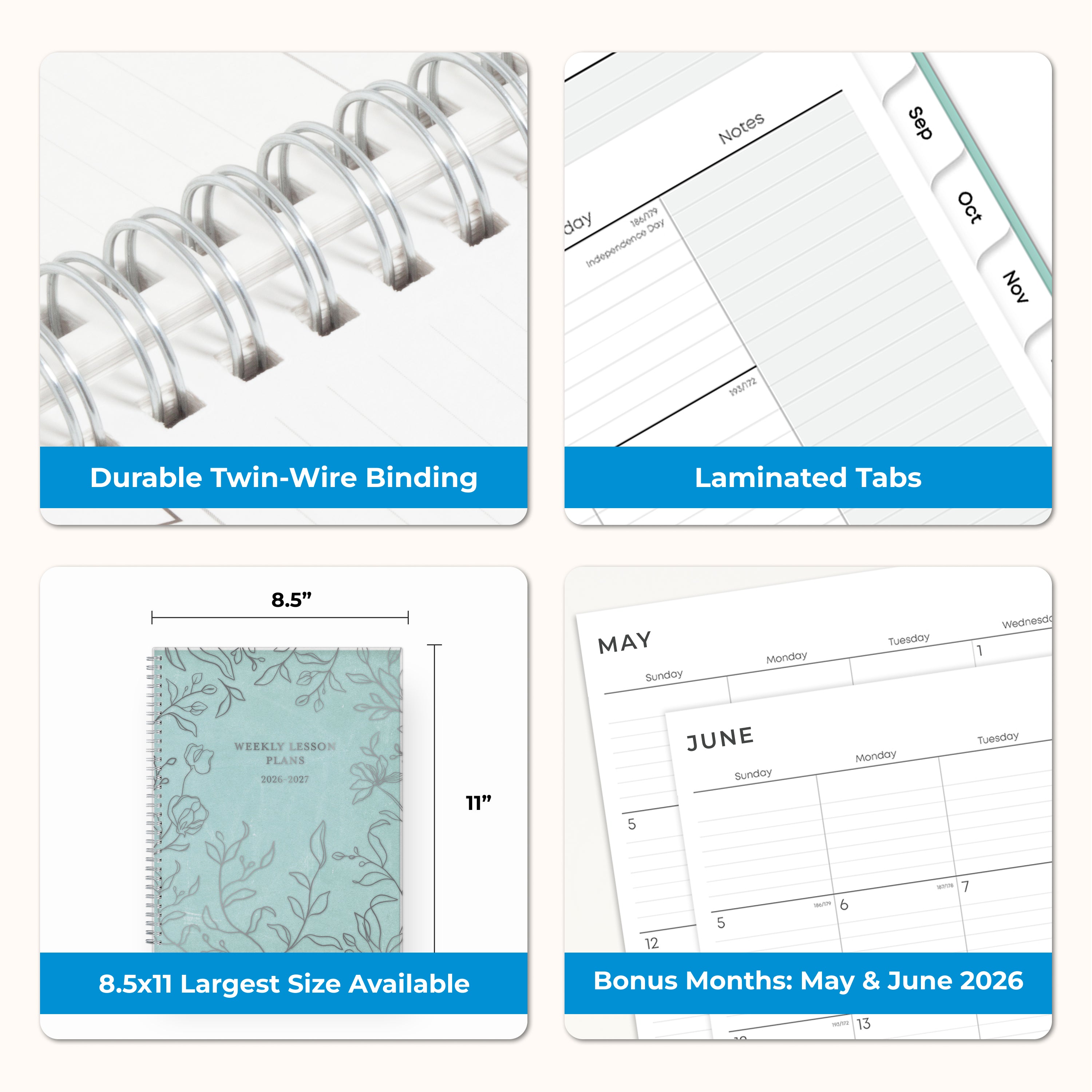 Collage of a planner with features highlighted, including durable twin-wire binding, special resources tab, and premium paper, laminated monthly tabs
