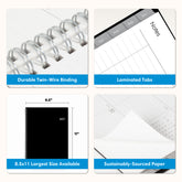 product features dual twin wire binding, laminated tabs, 8.5x11 size, and quality paper