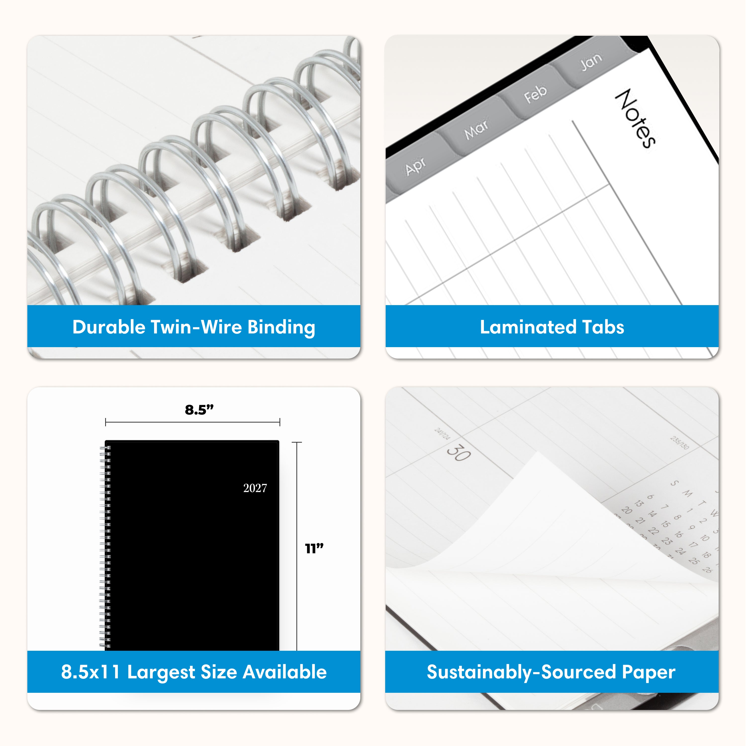 product features dual twin wire binding, laminated tabs, 8.5x11 size, and quality paper