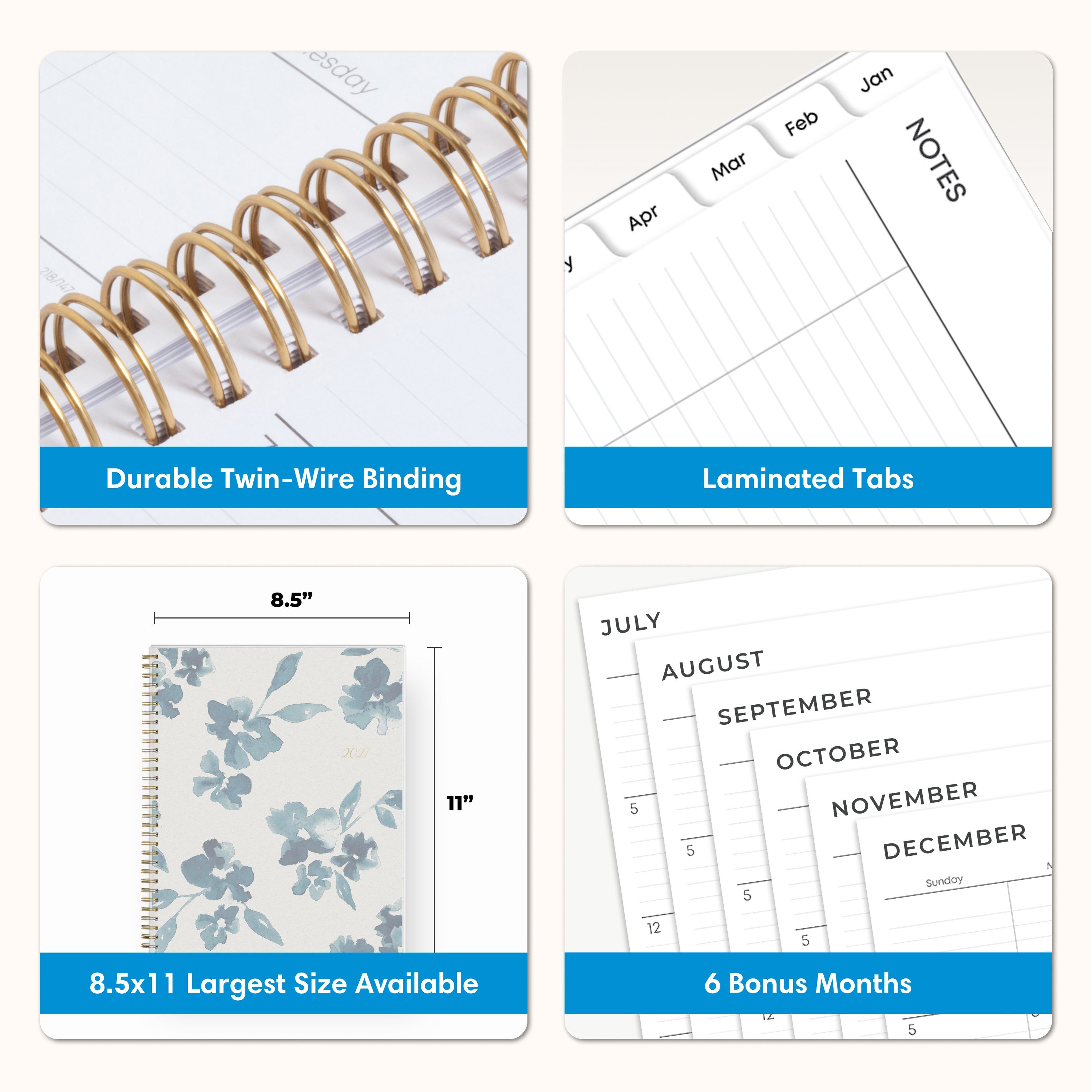 planner features twin wire o binding, monthly tabs, and optimizing planning size