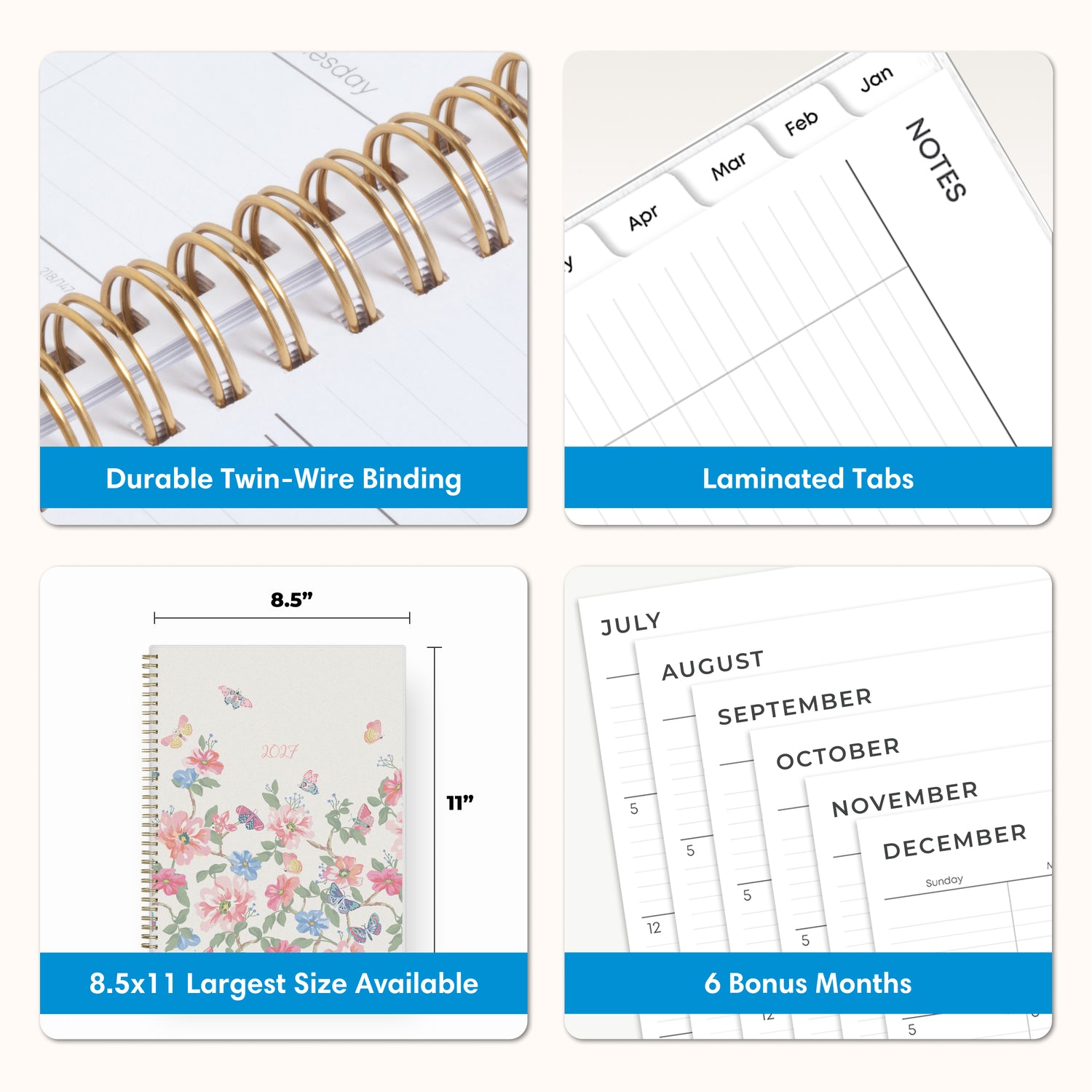 planner features twin wire o binding, monthly tabs, and optimizing planning size