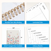 planner features twin wire o binding, monthly tabs, and optimizing planning size