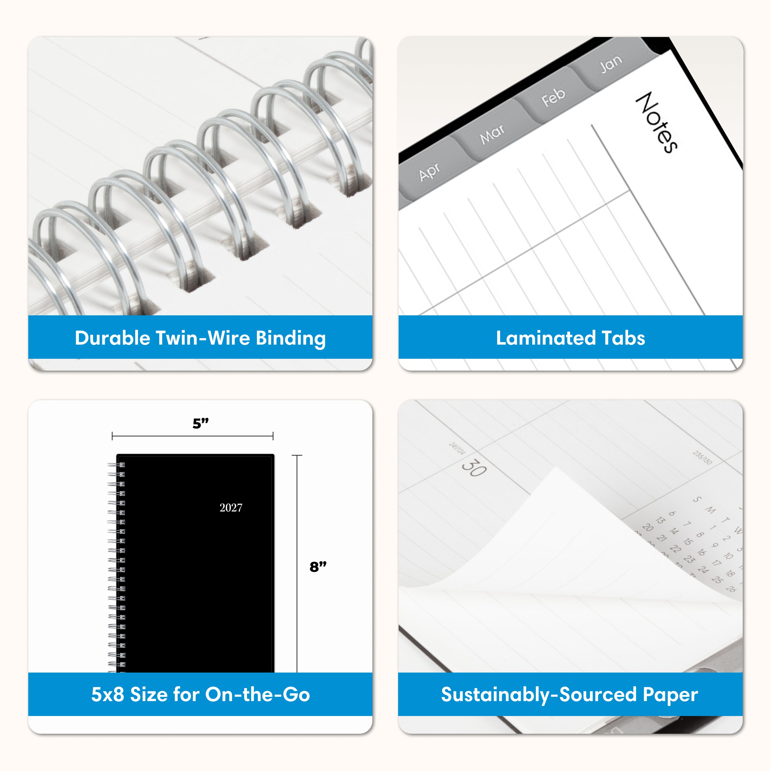 product features dual twin wire binding, laminated tabs, 5.875x8.625 size, and quality paper