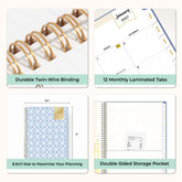 planner features twin wire o binding, monthly tabs, and optimizing planning size