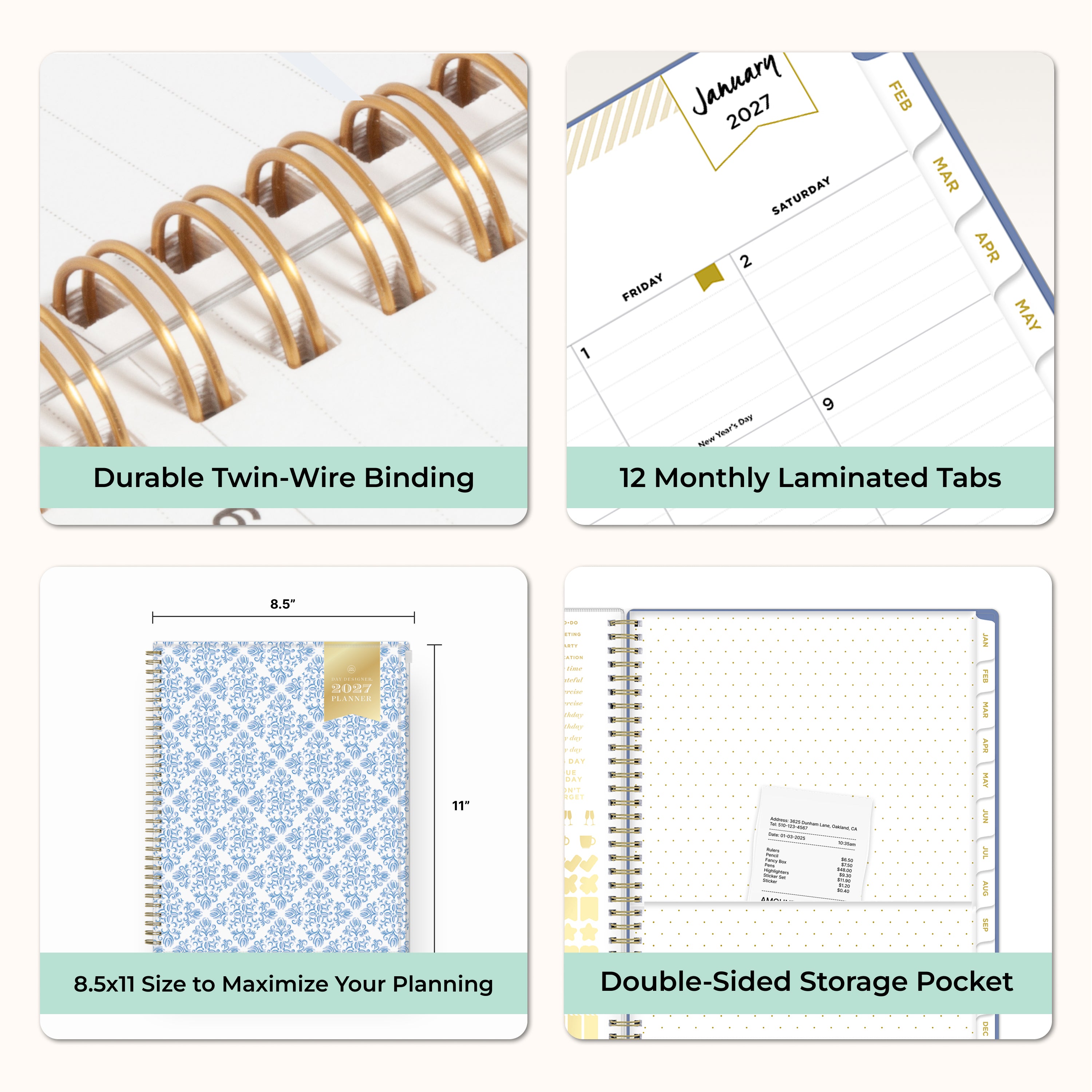 planner features twin wire o binding, monthly tabs, and optimizing planning size