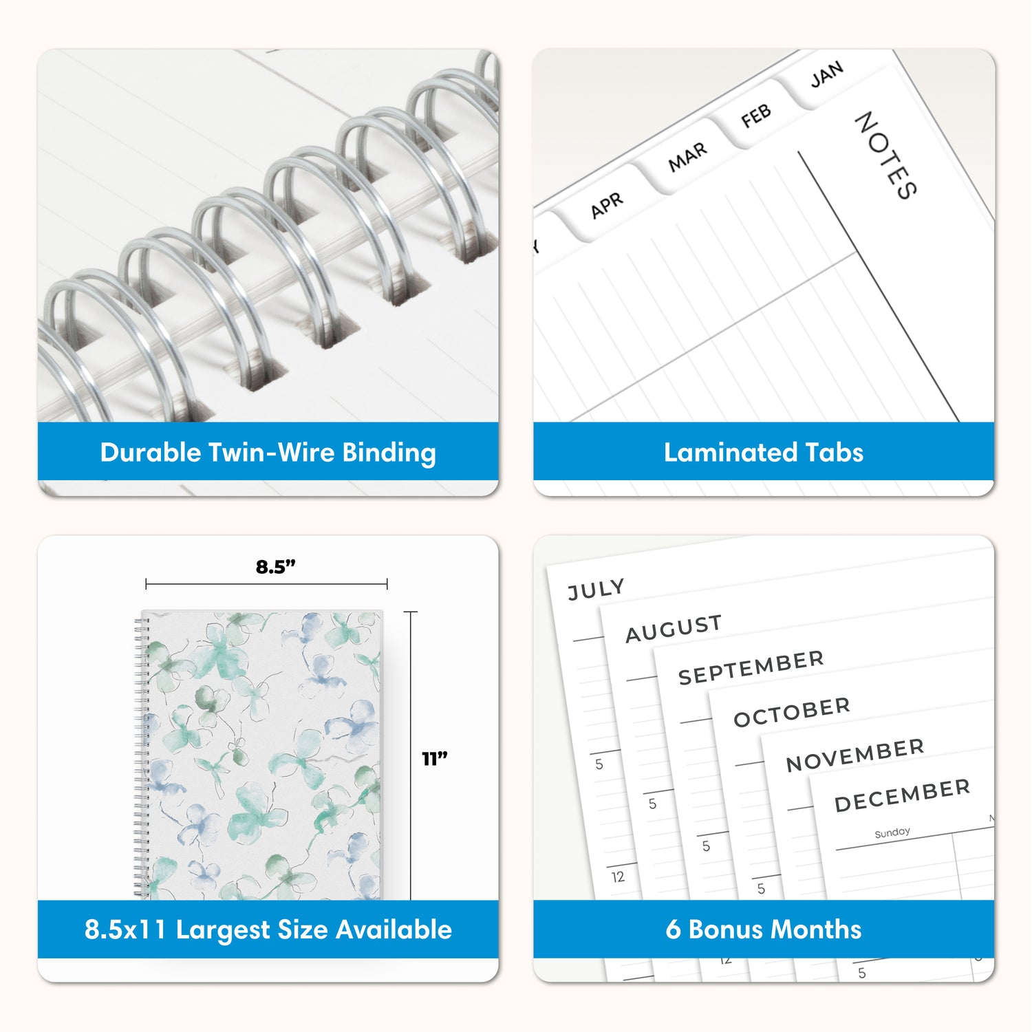 planner features twin wire o binding, monthly tabs, and optimizing planning size