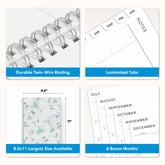 planner features twin wire o binding, monthly tabs, and optimizing planning size