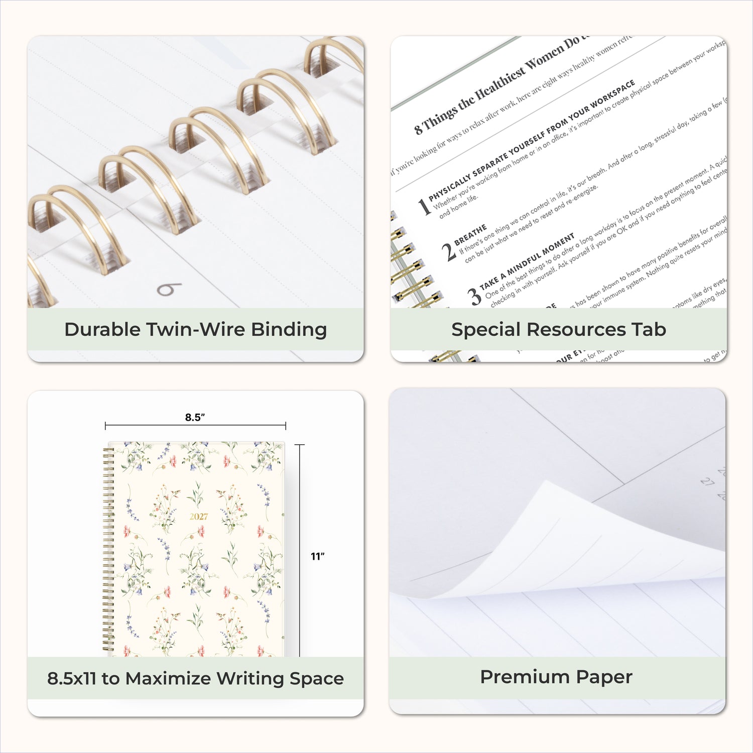 planner features twin wire o binding, monthly tabs, and optimizing planning size