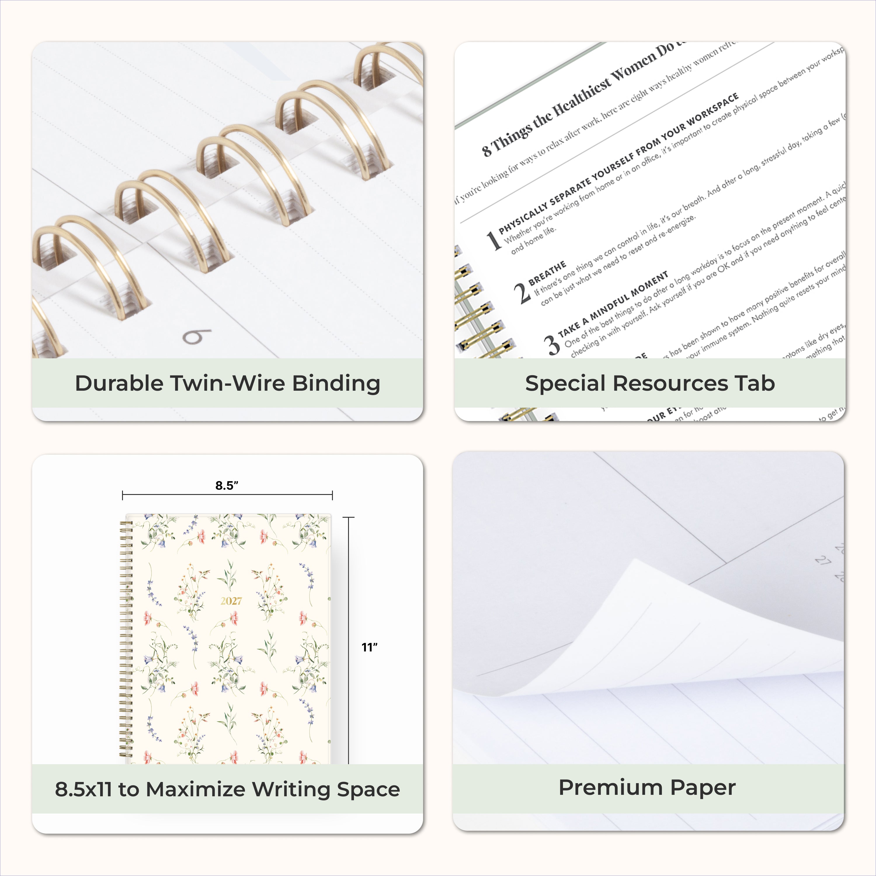 planner features twin wire o binding, monthly tabs, and optimizing planning size