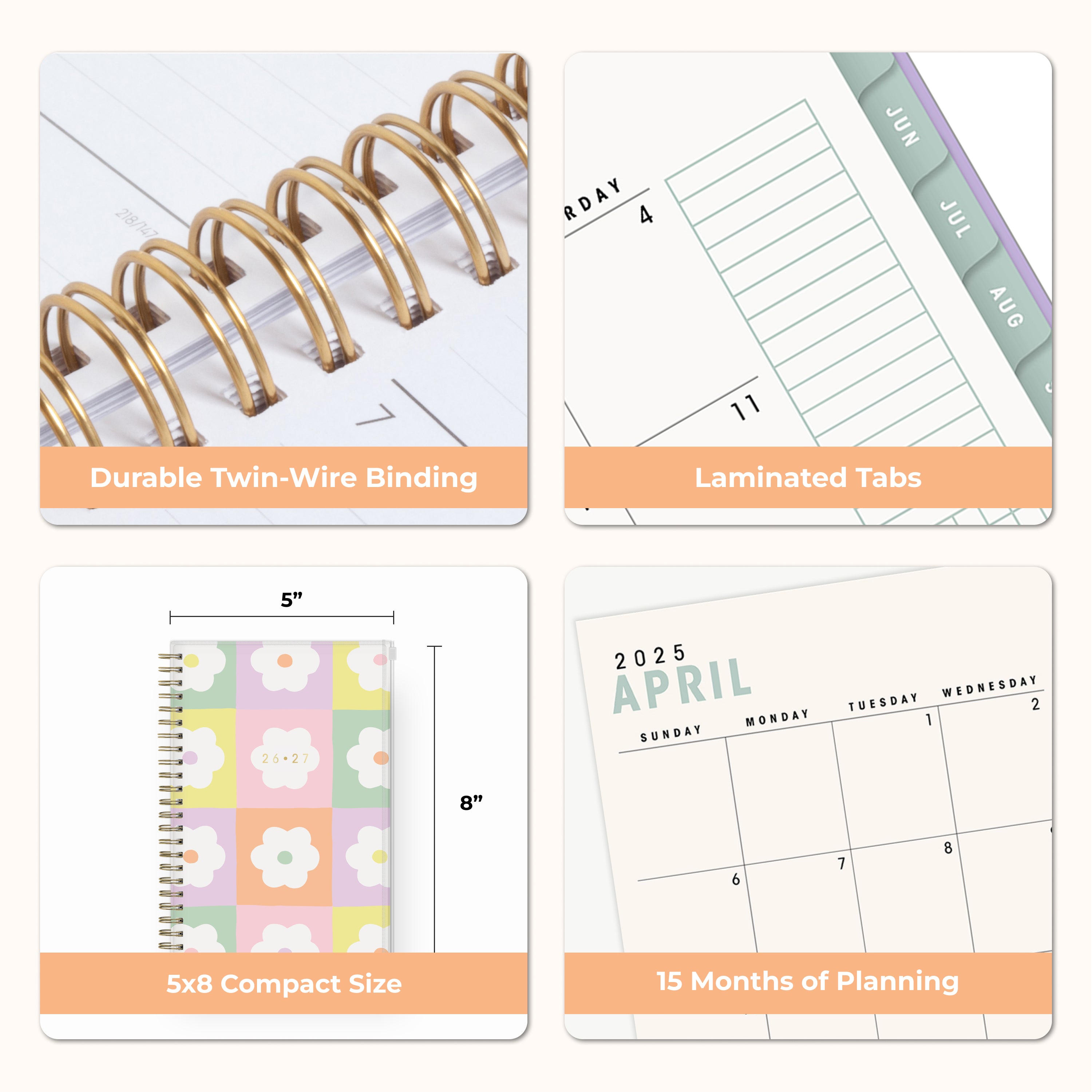 Collage of a planner with features highlighted, including durable twin-wire binding, special resources tab, and premium paper, laminated monthly tabs
