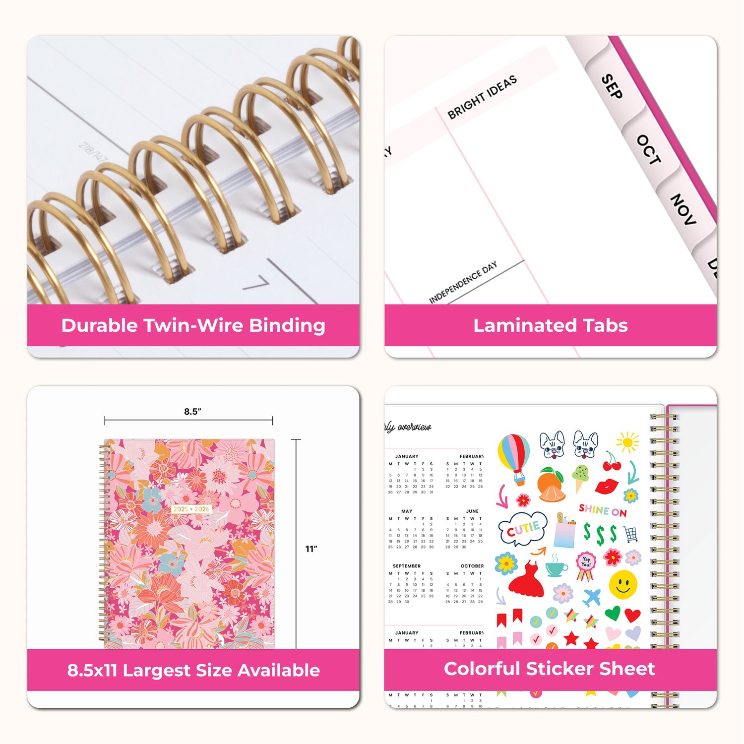 Collage of a planner with features highlighted, including durable twin-wire binding, special resources tab, sticker sheets, and premium paper.