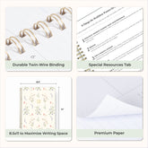 Collage of a planner with features highlighted, including durable twin-wire binding, special resources tab, and premium paper, laminated monthly tabs
