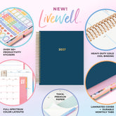 planner featuring bonus content like yearly overview, important dates, holidays, states and capitals, sticker sheets, thick paper and nice coil