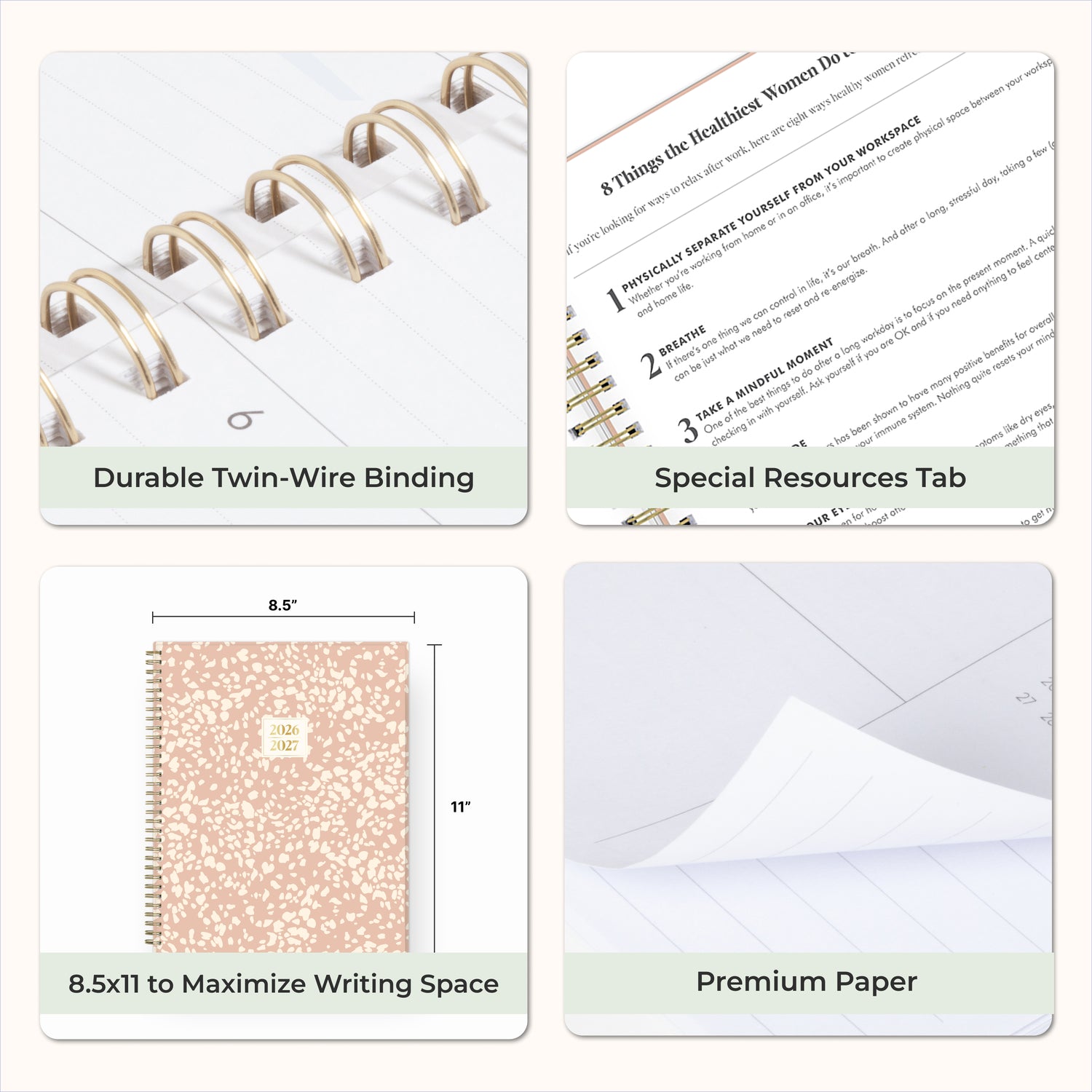 Collage of a planner with features highlighted, including durable twin-wire binding, special resources tab, 5x8 size, and premium paper.
