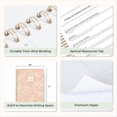 Collage of a planner with features highlighted, including durable twin-wire binding, special resources tab, 5x8 size, and premium paper.
