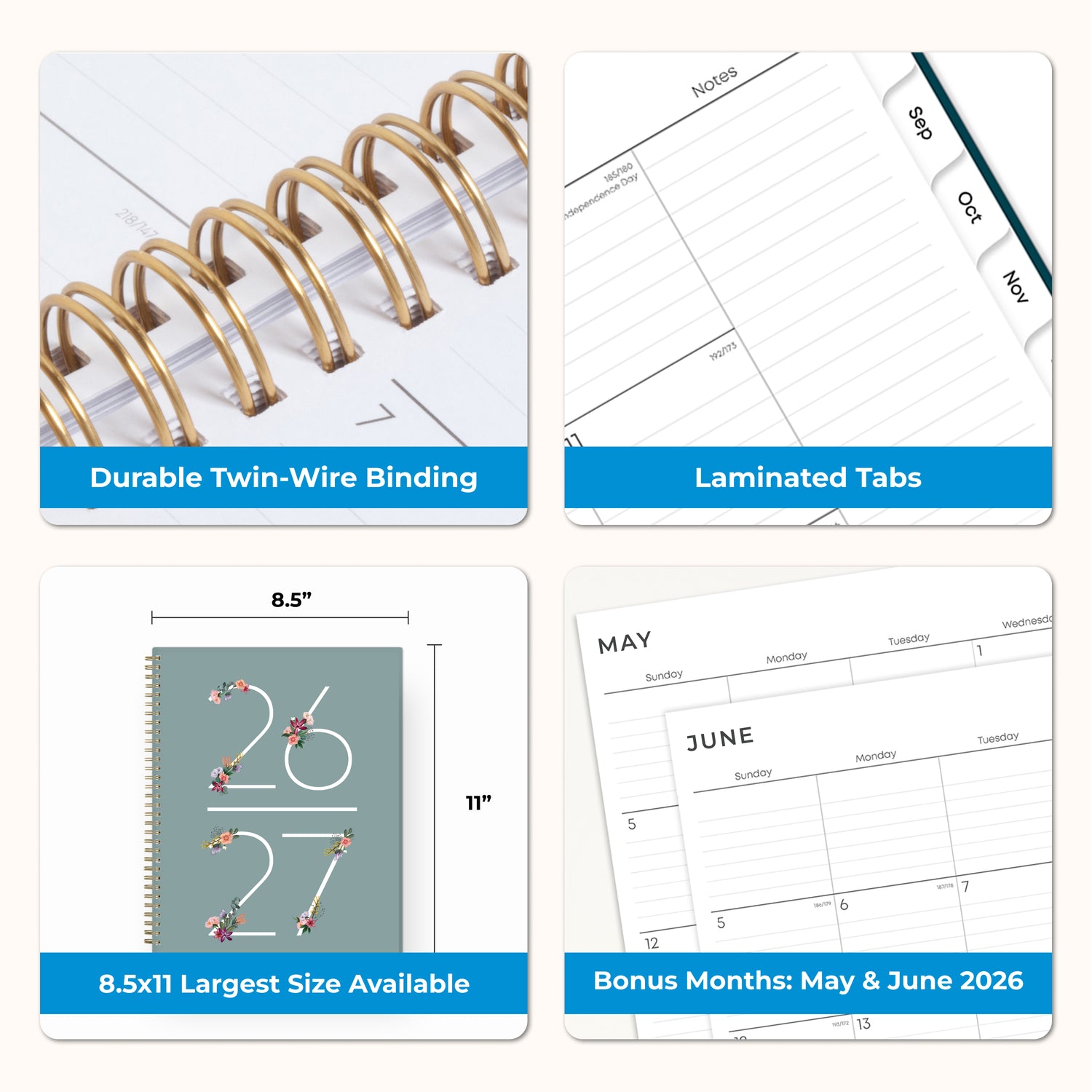 durable twin wire binding, laminated tabs, bonus months, and large 8.5x11 size