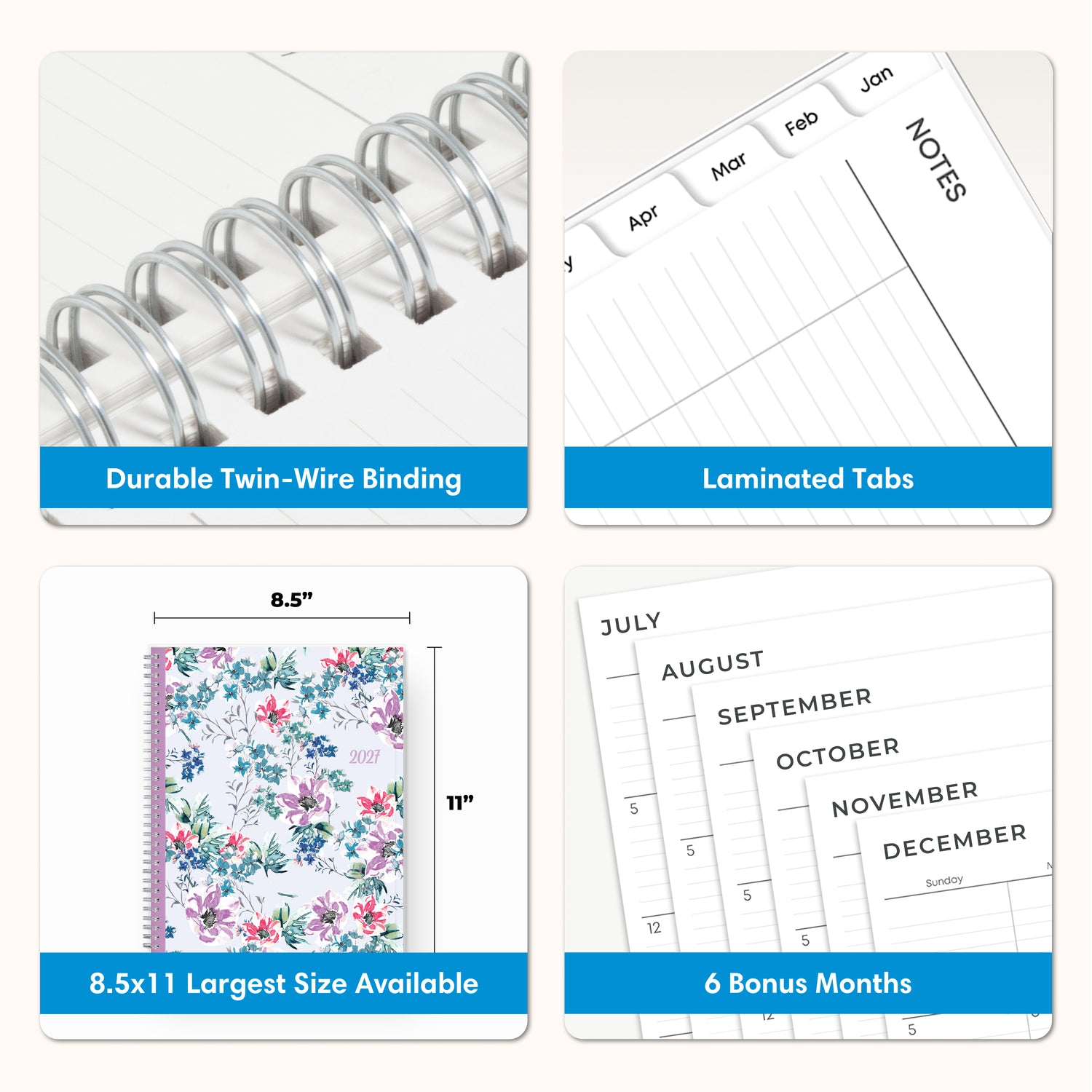 planner features twin wire o binding, monthly tabs, and optimizing planning size