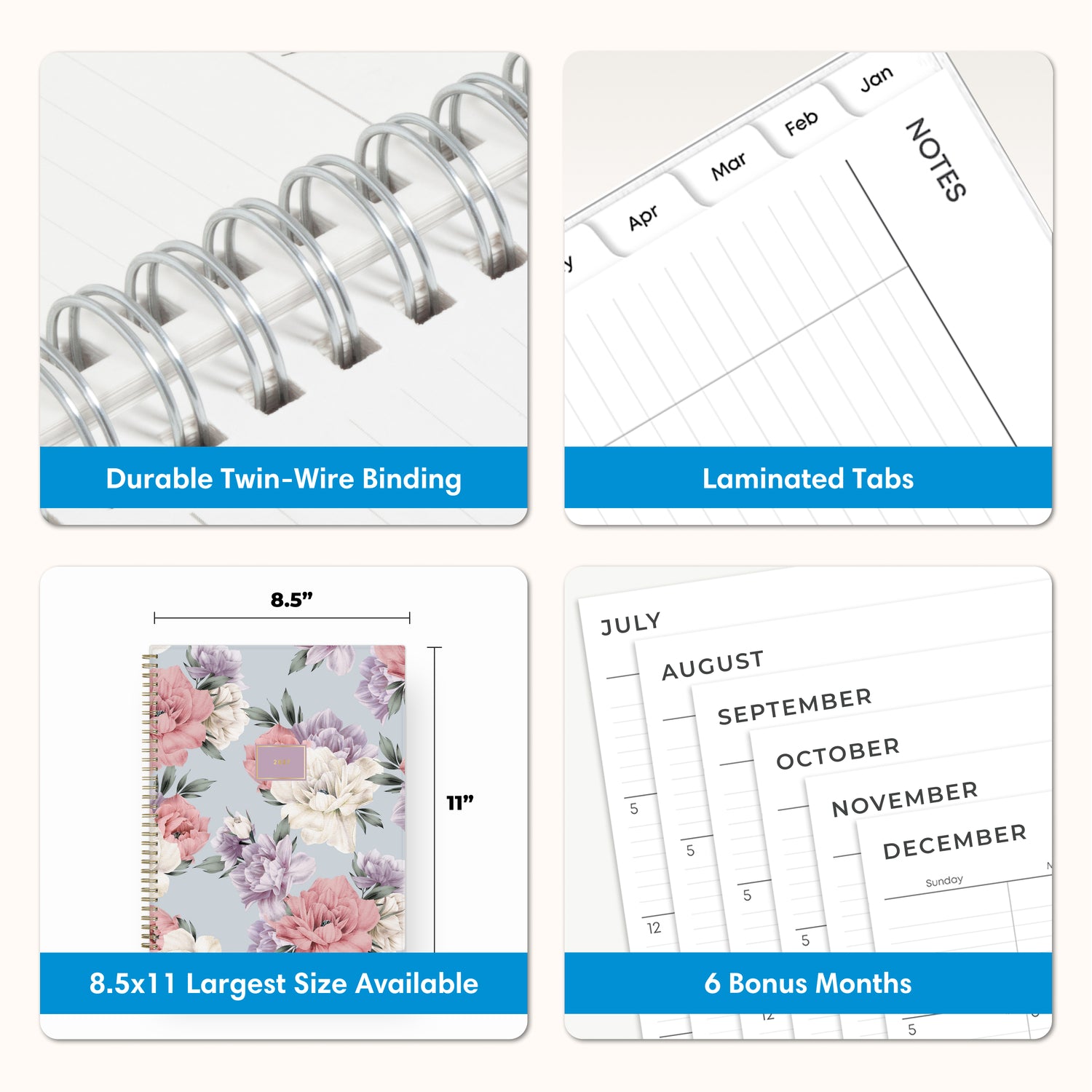 planner features twin wire o binding, monthly tabs, and optimizing planning size
